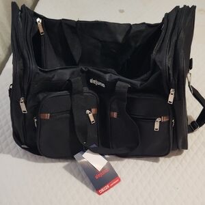 Black Multi-Pocket Duffel Bag with Silver Zippers